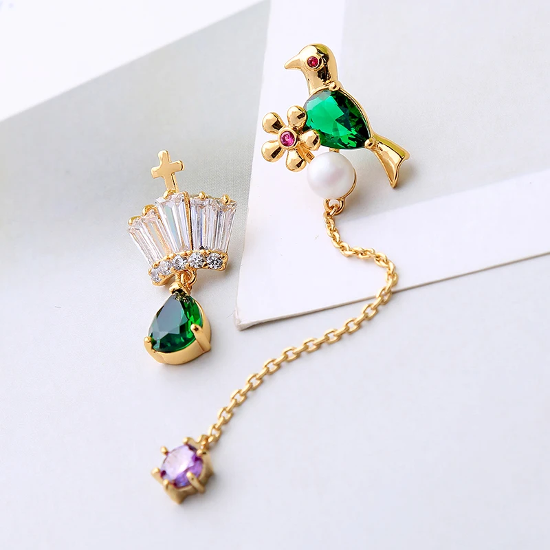 

KISS ME Asymmetric Bird Earrings Korean Fashion Gold Color Copper Zircon Bird Drop Earrings Luxury Jewelry