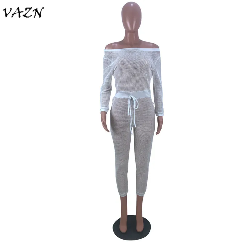 VAZN, высокое качество, дизайн, сексуальный стиль, женский кружевной комбинезон, однотонный, с вырезом лодочкой, полный рукав, Облегающий комбинезон, HG5095 - Цвет: Белый