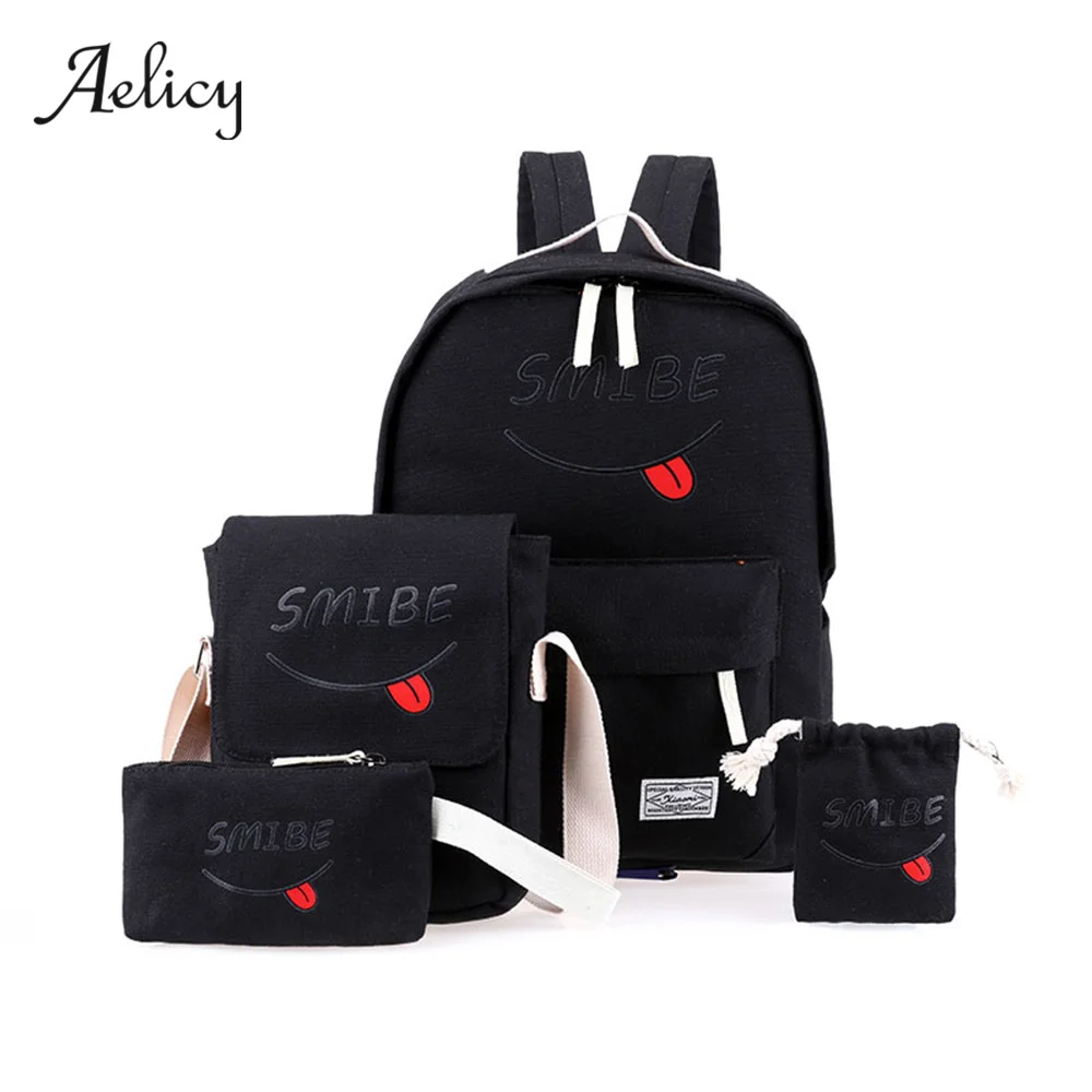 

Aelicy Luxury Women Canvas 5Set Backpack Printing Students Bookbag Preppy Backpacks Printed smiley schoolbag For Youth Girls