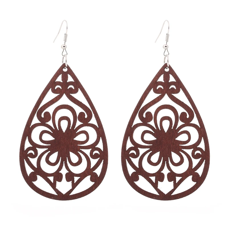 

Qiaohe 1 Pair Good Quality Wood Earrings Organic brown Hollow African Woman Wooden Brincos Pendant 4.5x7cm/1.8x2.7'' E313