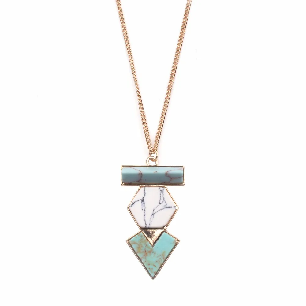 2017 New Hot Geometric Double Tone V Shape Natural Marble Stone Pendant Necklace for Women collars jewelry