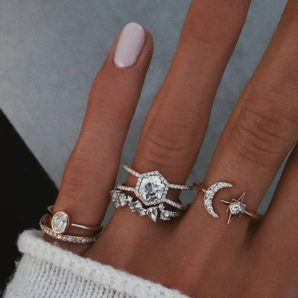 

5 Pcs/Set New Fashion Moon Stars Crown Crystal Rings Set Gem Geometry Crystal Irregular Gold Ring Set Women Charm Jewelry Gifts