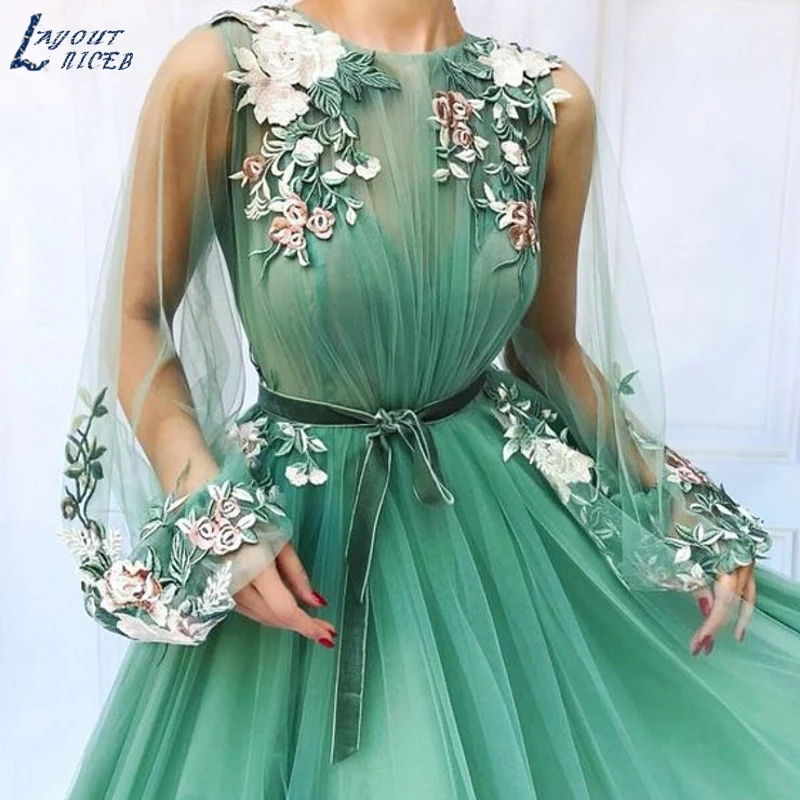 AE1201 Формальные Вечерние платья трапециевидной формы из тюля с длинным рукавом мятно-зеленого цвета, романтические платья для выпускного вечера, аппликация, vestidos de festa longo