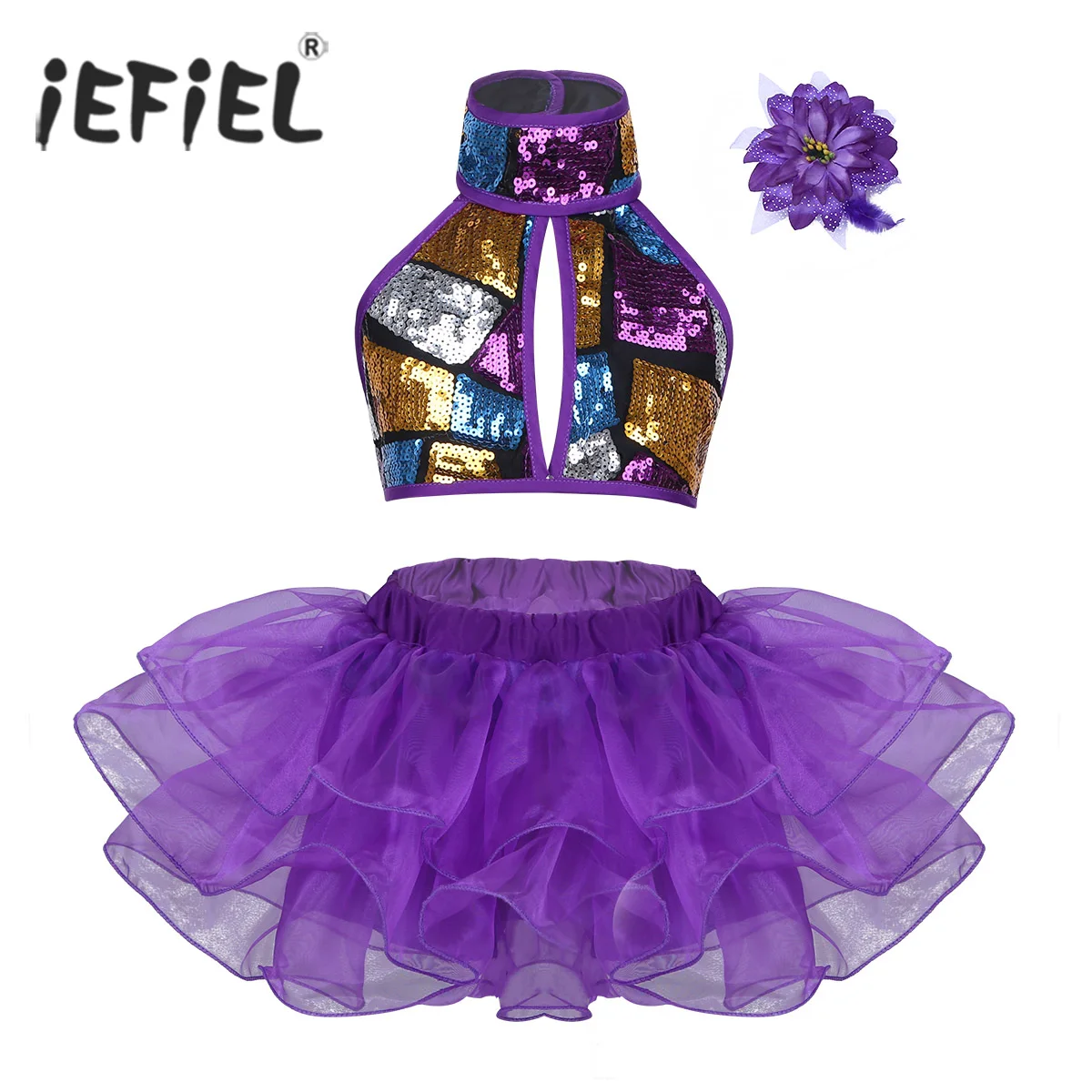 

iEFiEL Girls Dance Costumes Halter Shiny Sequins Crop Top with Tutu Dress Flower Hair Clip for Gymnastics Ballet Jazz Dancewear