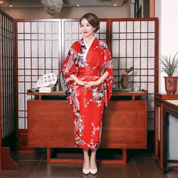 Красное японское цветочное кимоно Банный халат с принтом женское атласное традиционное юката с Obi винтажное вечернее платье костюм для