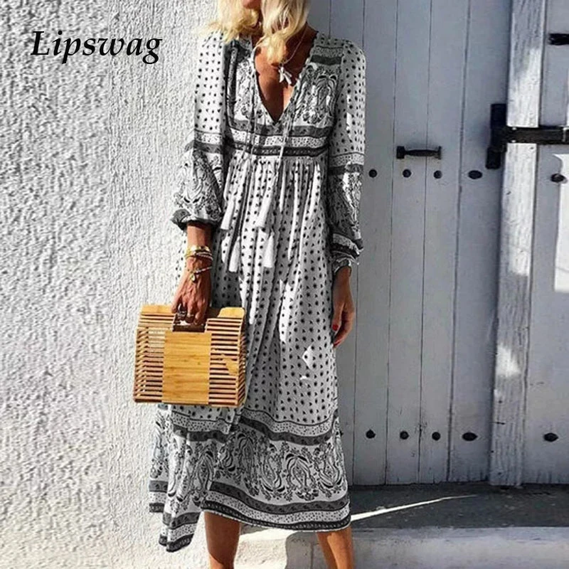 

Lipswag Autumn Vintage V neck Floral Print Dress Women Elegant Long Sleeve Maxi Dress Ladies Tassel Bohemian Dress Plus Size 3XL