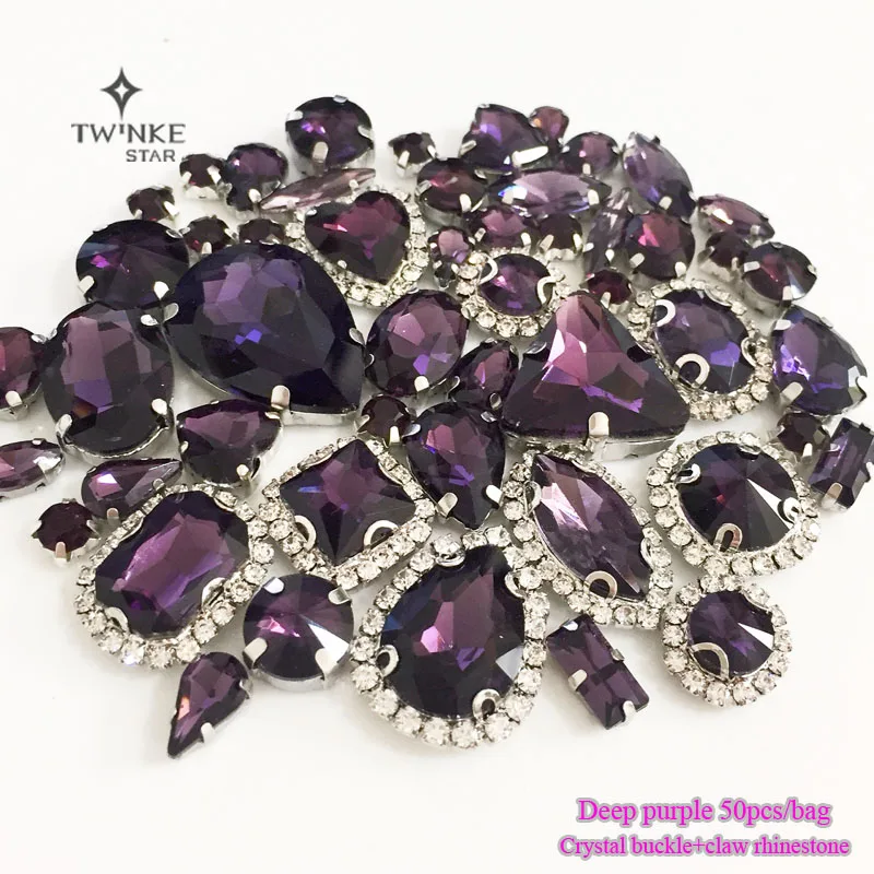 

Deep purple color Mix size Crystal buckle+claw rhinestone,Silver base galss sew on stones diy/Clothing accessories 50pcs/pack