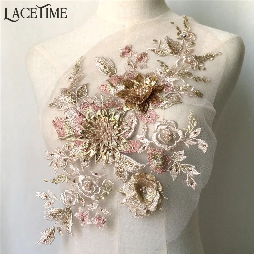 

1 Piece Elegant 3D Sequins Flower Lace Applique Sewing Trim With Pearl Beaded In Gold For Bridal Dress, Costume Design