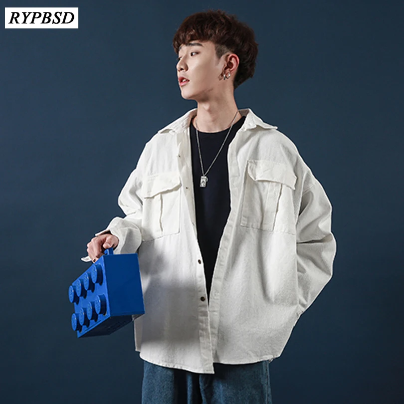 

Spring Autumn 2019 White Black Men Jacket Long Sleeve Korean Men Jacket Hip Hop Turn Down Collar Casual Oversize Jacket Men