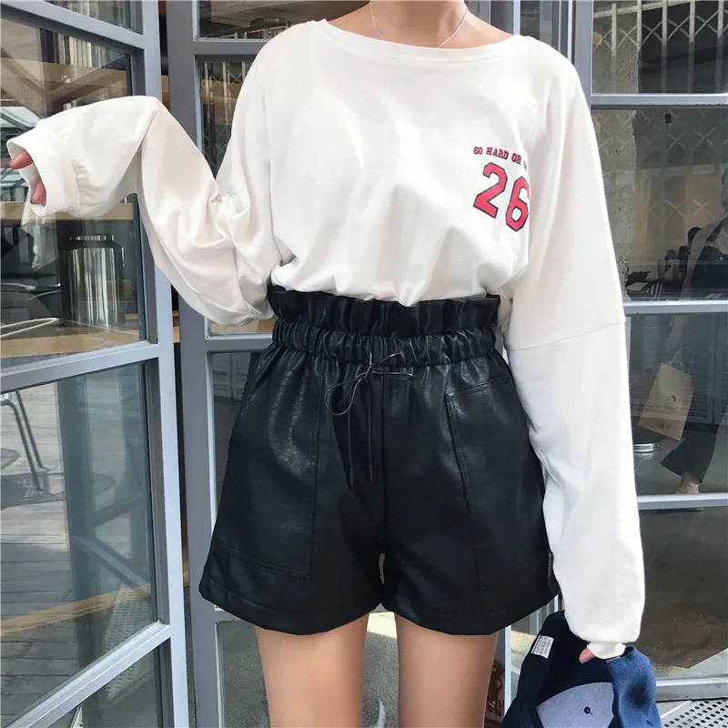 NORMOV модные корейские стильные кожаные шорты для женские, с высокой талией свободные широкие шорты женский эластичный пояс однотонные