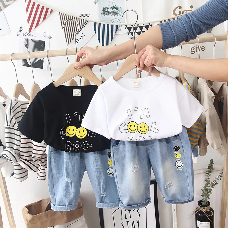 

Kids Boys Clothes Set 2019 Summer Short Sleeve Print T-shirt+Smile Face Jeans Pant 2pc Casual Boys Outfits Kids Suit For 1-5Yrs