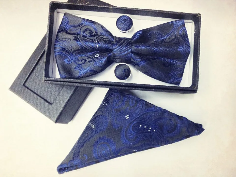 Navy blue Подарок мужчине шелк подарки для мужчин бабочкой Карманный площадь кешью цветы галстук-бабочка и платок носовой платок с запонки box set - Цвет: Navy blue