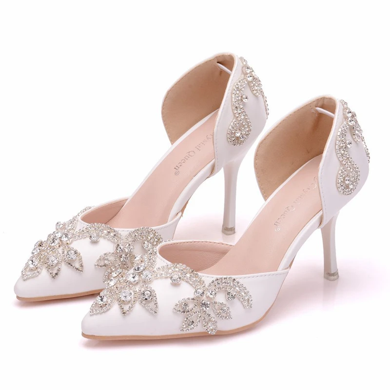 

New White Silver Rhinestone Pumps High Heel Sandals Pointed Toe Wedding Party Heels Shoes Rhinestone Heels Shoes XY-A0240