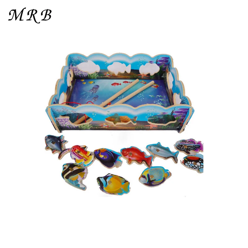 

Baby Wooden Toys Fishing Game 10pcs Set Magnetic Fishing Toy Game Kids 2 Rod Fish Baby Bath Toys Outdoor Fun