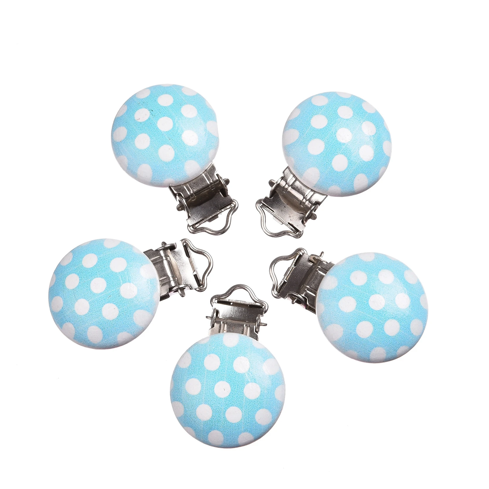 

5PCs/lot NEW Light Blue Baby Pacifier Clips Round Wood White Dot Funny Soother Clasps Funny Holders 29x44mm
