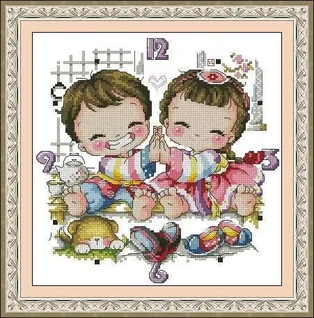 CS-2850 Cross Stitch Kit Clock The children of Korean Traditional Costume Little Boy and Girl SO