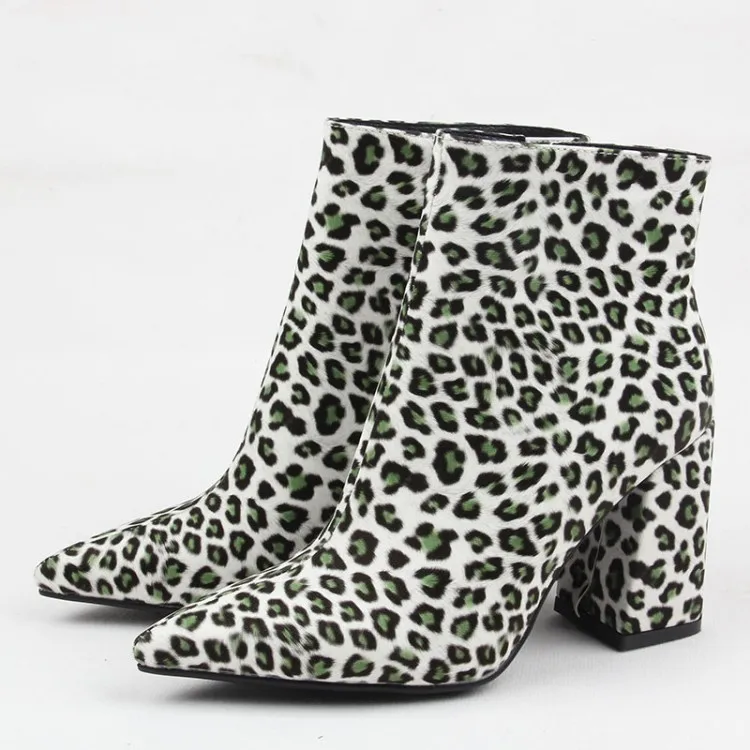 

US4-11 Womens Pointed Toe Leopard Pattern Mixed Colors Chunky High Heel Ankle Boots Western Chelsea Shoes Zip Plus Sz A888