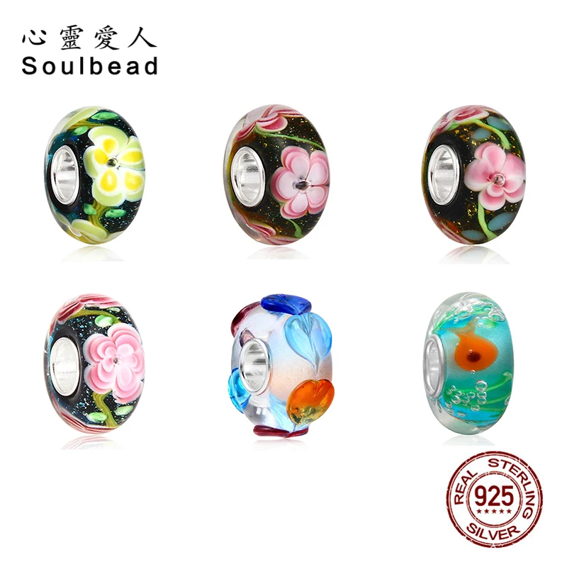 Стеклянная бусина Soulbead с радужными сердечками из серебра 925 пробы Европейский