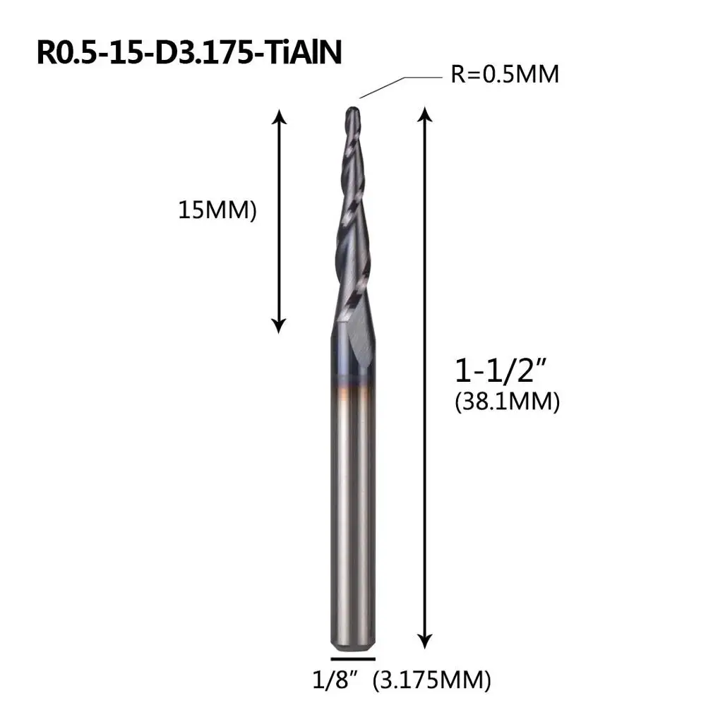 1 шт. Вольфрам твердого карбида с покрытием конус шариковый нос ЧПУ фрезы Фрезы для дерева и фрезы для металла Концевая фреза - Длина режущей кромки: R0.5-15-38.1-D3.175