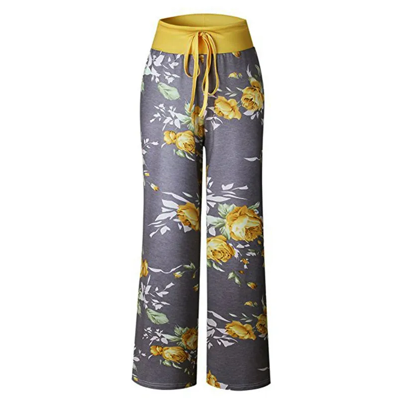 Женские удобные стрейч Цветочный принт Drawstring Palazzo широкие брюки штаны для дома D3