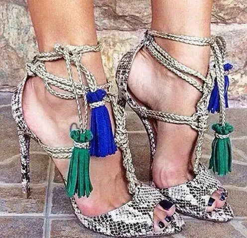 green fringe sandals
