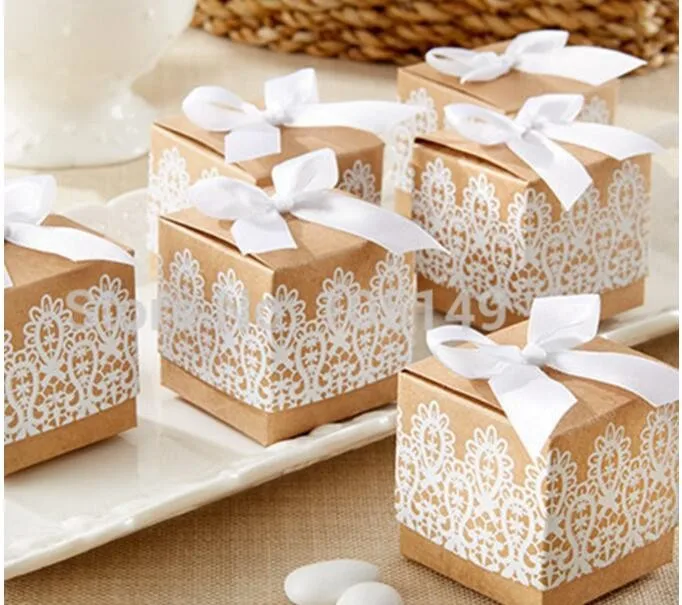 

10pcs/lot Sweet Love Decoration Candy Sugar Paper Gift Box Rustic Lace Kraft Favor Box With Free Ribbon Wedding and Party