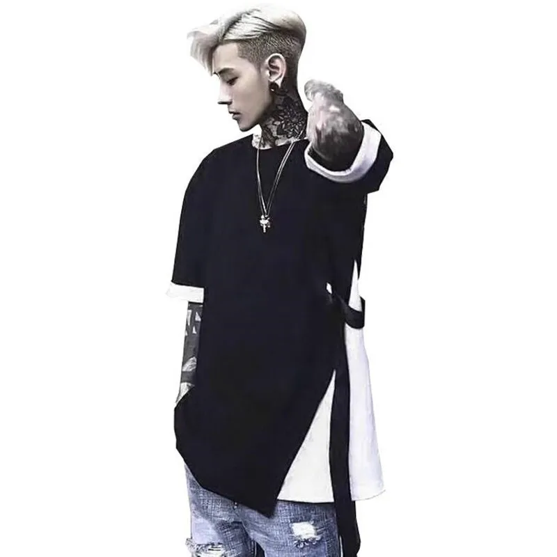 

Men black white patchwork punk t shirt irregular fake two piece ribbon tops women hip hop oversized tee shirts stage costume