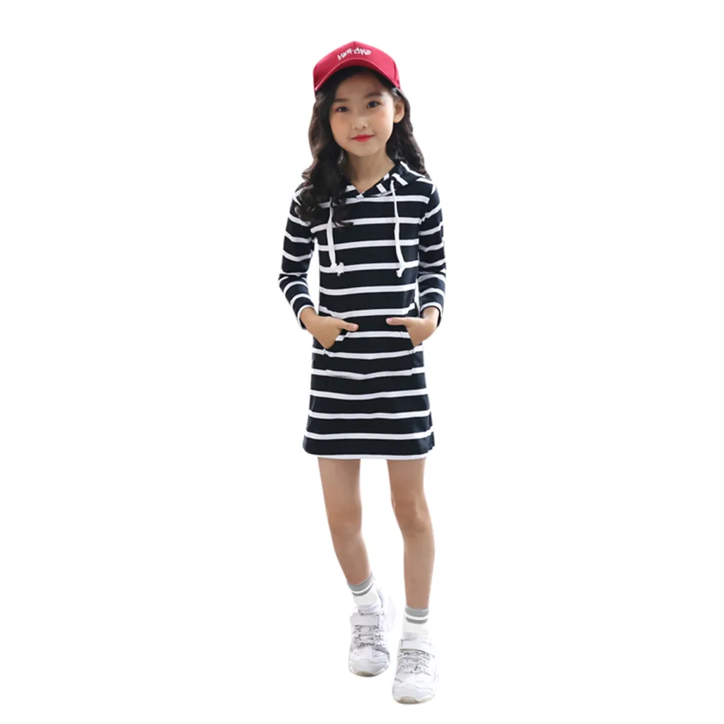 

SAGACE Girls baby outfit Long Sleeve Stripe Slim Pencil Hooded Princess Dress Cotton Teen Kids Girls O-neck Fashion winter