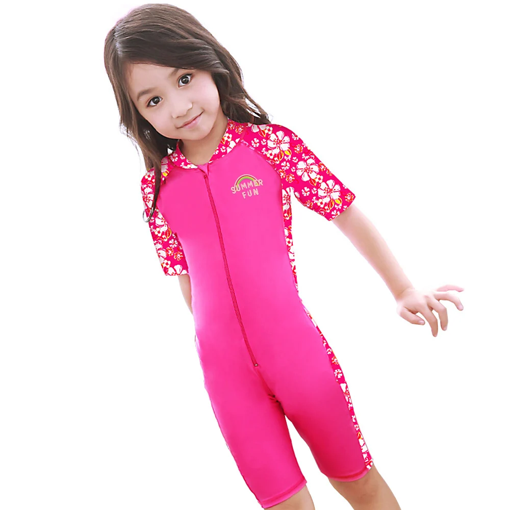 

BAOHULU Cute Half Sleeve Girls Swimwear Hot Pink Flower SPF30+ UPF50+ Kids Swimsuit Summer Vacation Beach Bathing Suits Child