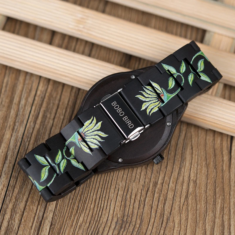 BOBO BIRD Fashionable Embroidery Series Mens Watch Broderie Dial All Ebony Wood Watches in Wooden Gift box