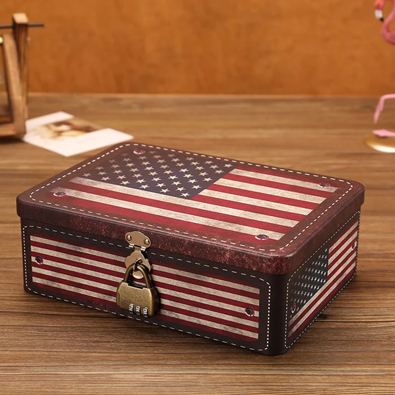 Retro Iron Key&Password Cosmetic Storage Box Desktop Skin Care Jewelry Lipstick Makeup Mask Container Sundries Organizer