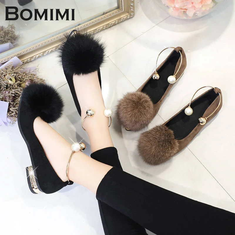 

BOMIMI Women Flat Shoes Bead With Mink Velvet Shallow Low Heel Square Toe Spring Sexy Shoes Pointed-toe Shoes Flip Flops Flat
