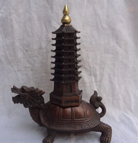 

JP S0608 10" Chinese Bronze FengShui Wealth Dragon Turtle Stupa Statue Set Sculpture