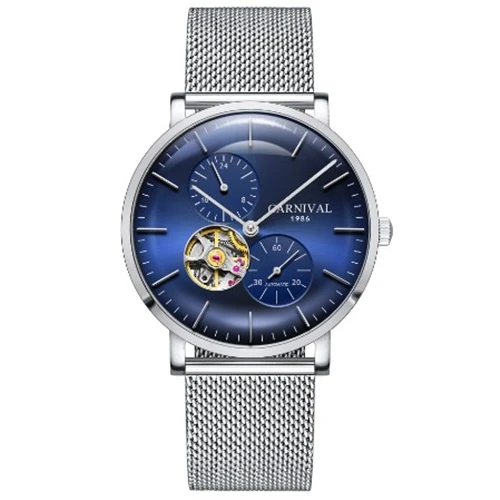 Blue silver C8024 Карнавальные ультратонкие турбийон Авто механические часы для мужчин люксовый бренд полностью стальные водонепроницаемые мужские часы relogio kol saati - Цвет: Blue silver C8024