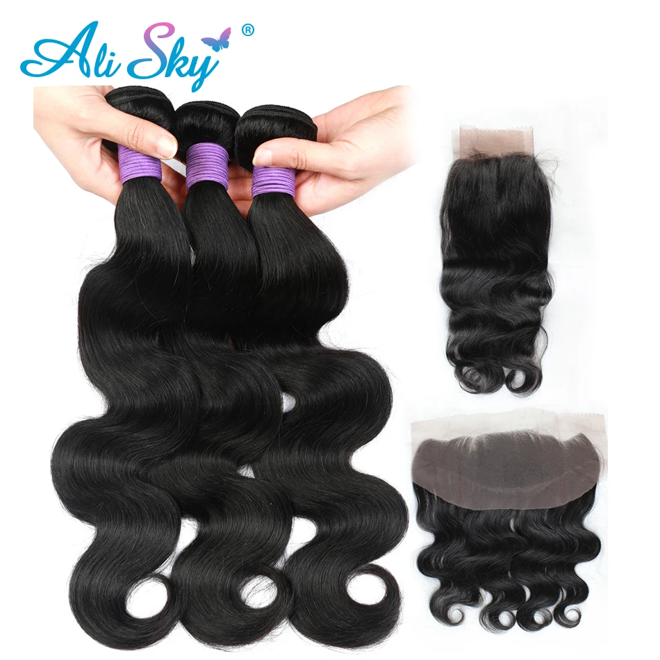 3 bundles with Top Lace frontal Brazilian body wave 4pcs one lot Ali Sky 100% human hair pre plucked with baby hair non remy brazilian-body-wave-closure