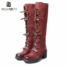 Prova Perfetto Новое поступление женские сапоги на высоком квадратном каблуке боковая молния пряжка кожаный ремешок крест-накрест Прочные Женские высокие сапоги
