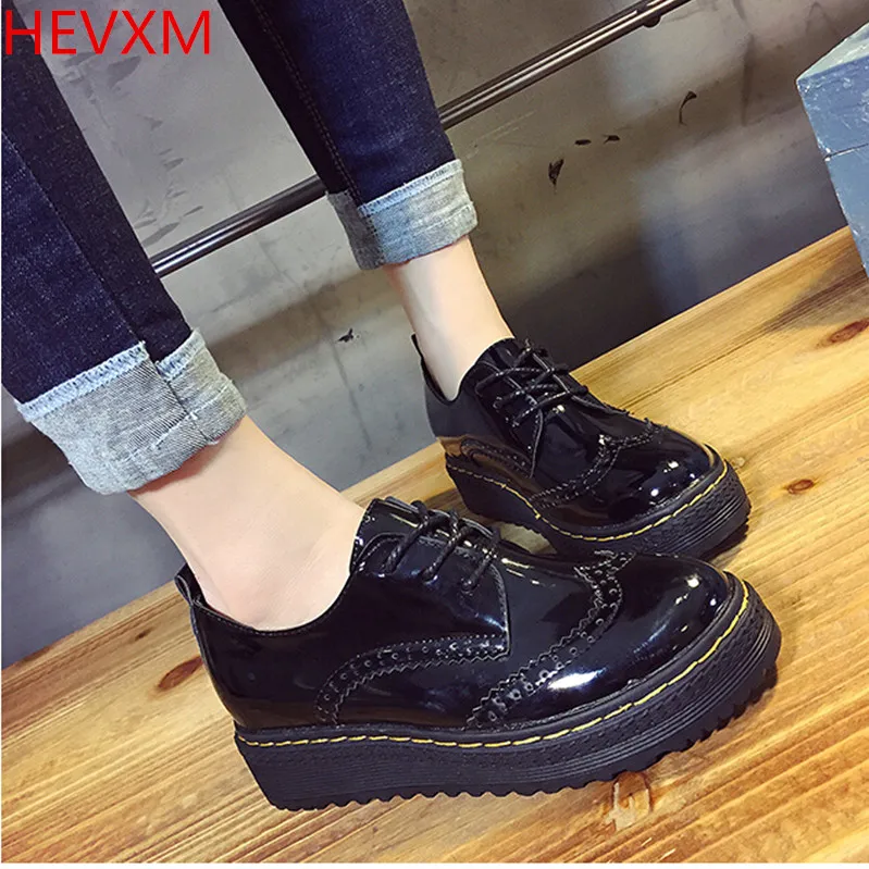 

HEVXM 2017 new ladies fashion British lace leather shoes women casual pants shoes thick bottom shoes college wind shoes
