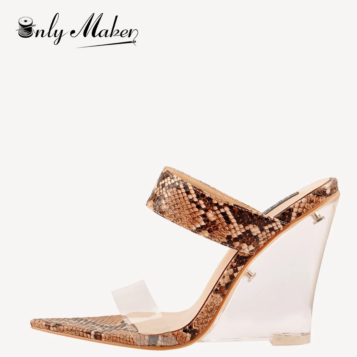 

Onlymaker 2019 Summer Sexy Women Sandals Wedge Transparent Mules PVC Clear Band Pointed Toe Snake Fashion Shoes Big Size 5-15