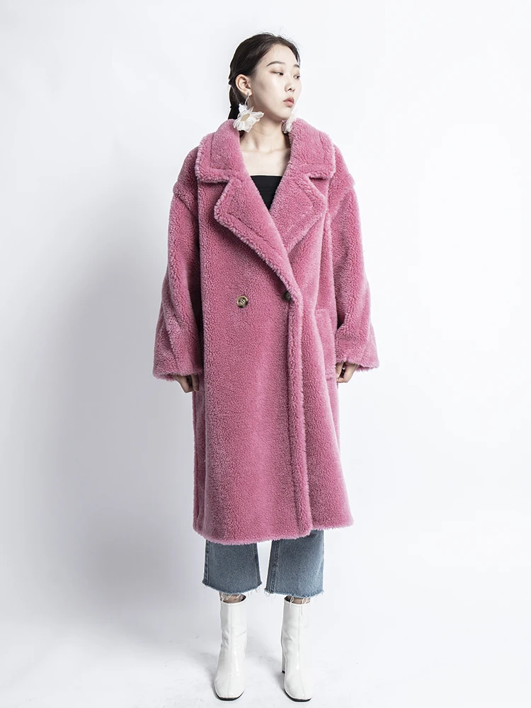 new real sheep fur coat long style camel teddy bear icon coat Oversized Parka Thick Warm Outerwear winter women coat