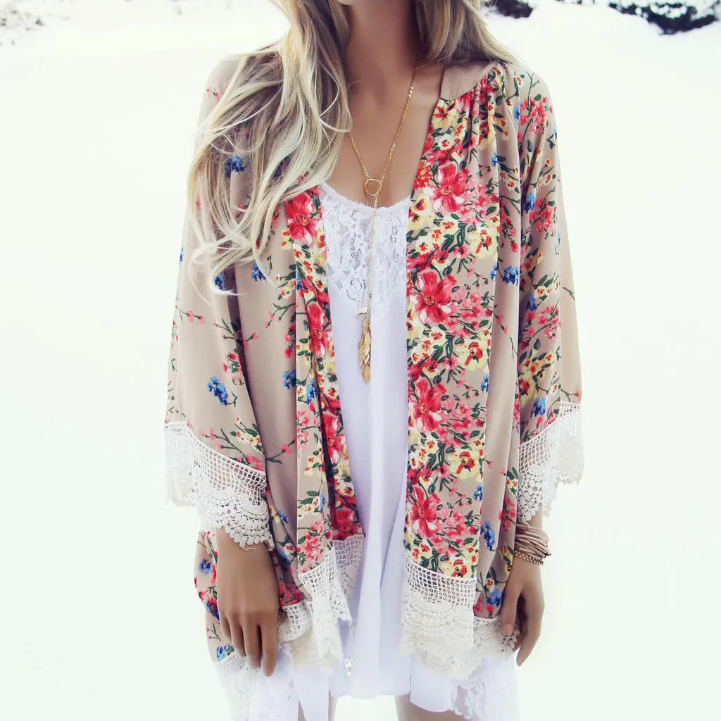 

6 Colors 2016 New European Fringed Hem Lace Women Floral Printed Oversized Cape Kimono Cardigan Summer