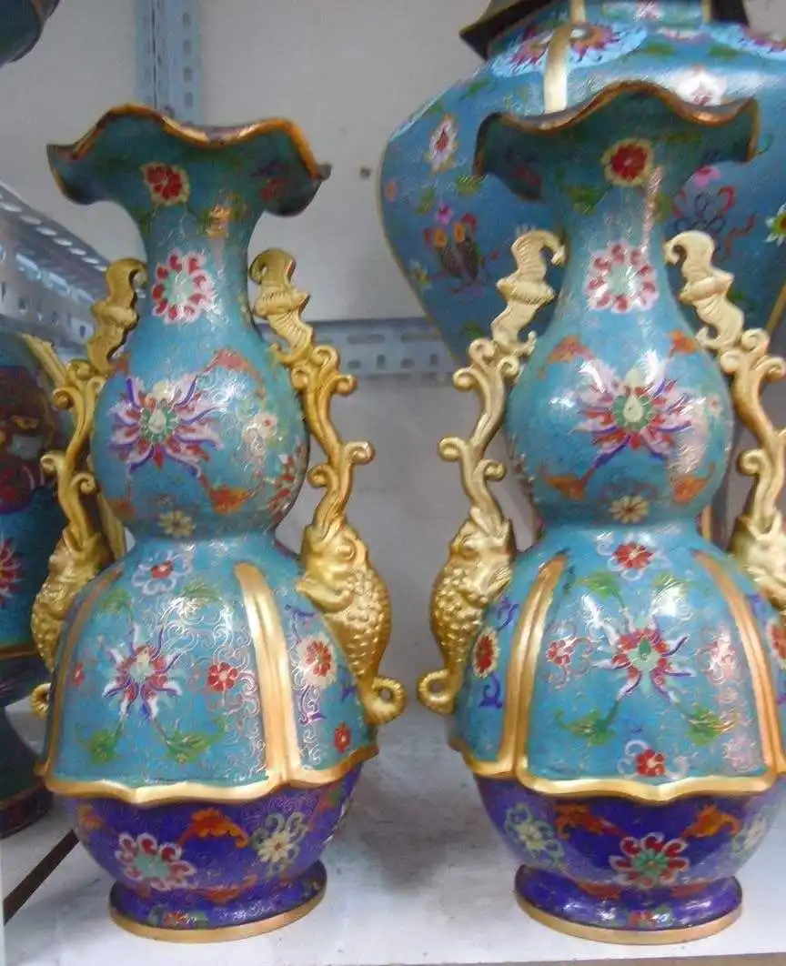 

15" Pure bronze gild Cloisonne finely Spittor aerial mammal calabash Vases pair