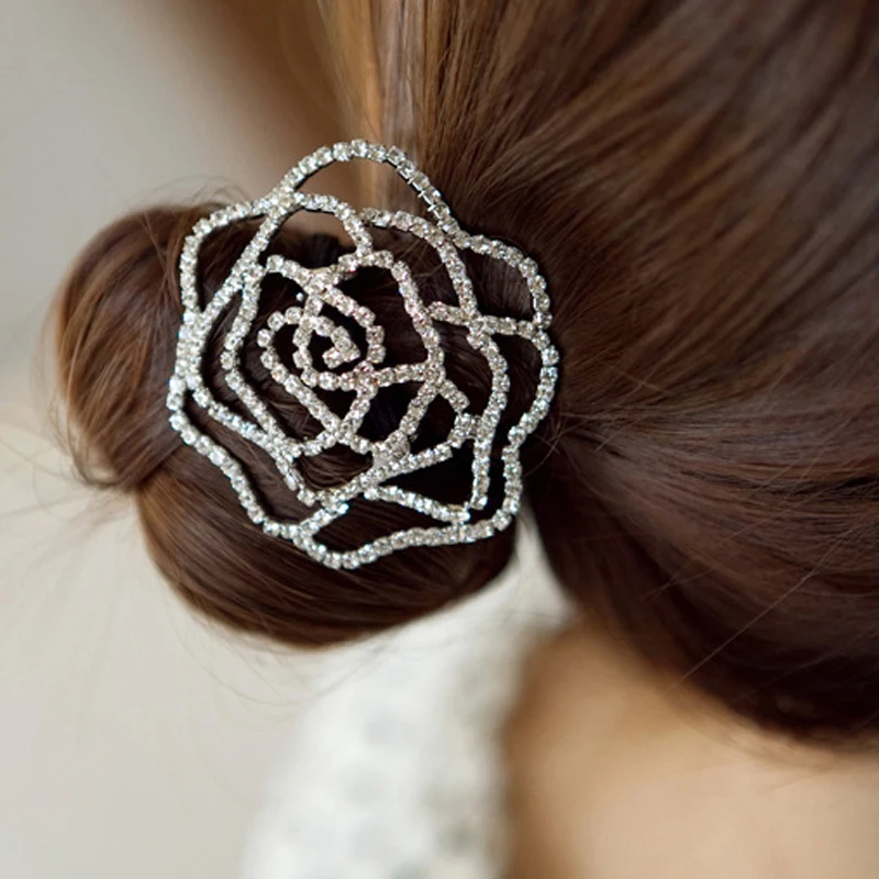 

Fashion Crystal Rhinestone Hollow Rose Flower Elastic Hair Band For Women Jewelry Accessories Girls Headwear