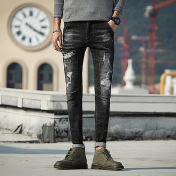 

Autumn And Winter New Boutique Men's Cotton Stretch Loose Temperament Casual Trousers Fashion Solid Color Youth Wild Jeans Wash