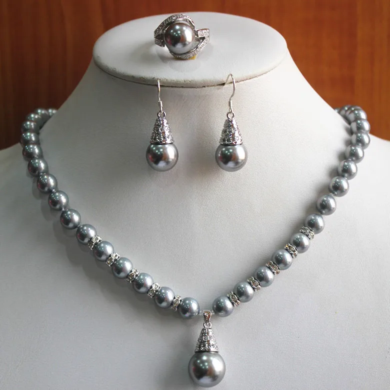

birthday gift! jewelry set!Wholesale Women's 8mm gray pearl Necklace earring ring(7/8/9) set #223 (A0516)