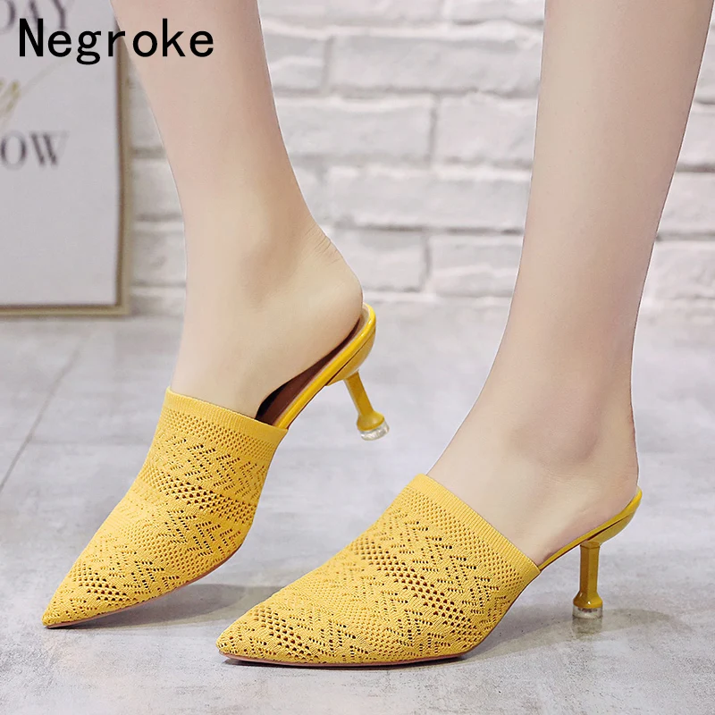 Summer Pointed Toe Women Sandals High Heels Yellow Fashion Slip On Mules Hollow Fabric Slides Thin Heels Slipper Sandalias Mujer