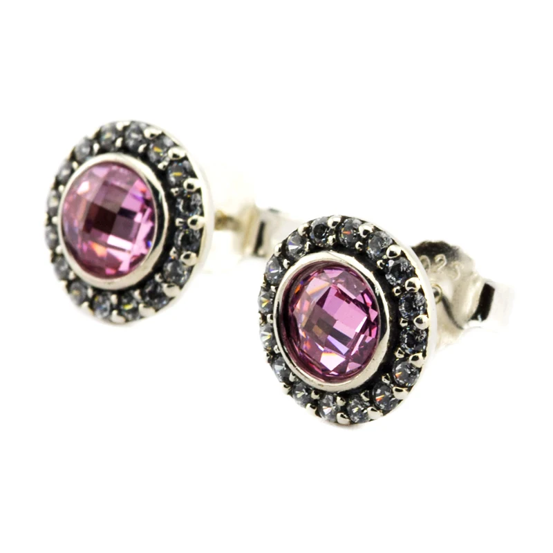

100% 925 Sterling-Silver-Jewelry Brilliant Lagacy Stud Earring with Pink Crystal Free Shipping