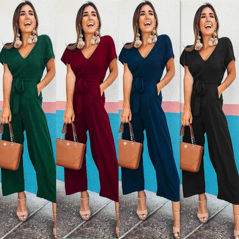 

Echoine Jumpsuit Deep V-neck Short Sleeve Long Pants Playsuits Bandage Bodysuit Overalls For Women 4 Color