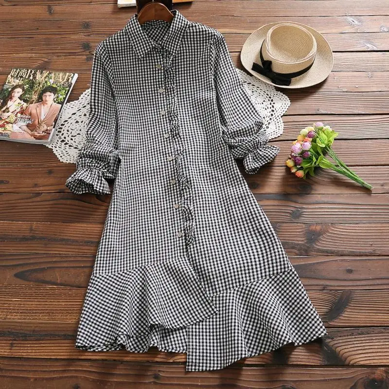 

Woman Dress 2019 Spring Summer Korean Plaid Dress Ruffle Long Sleeve Women's Dresses Mori Girl Vestido Verano Mujer KJ2068