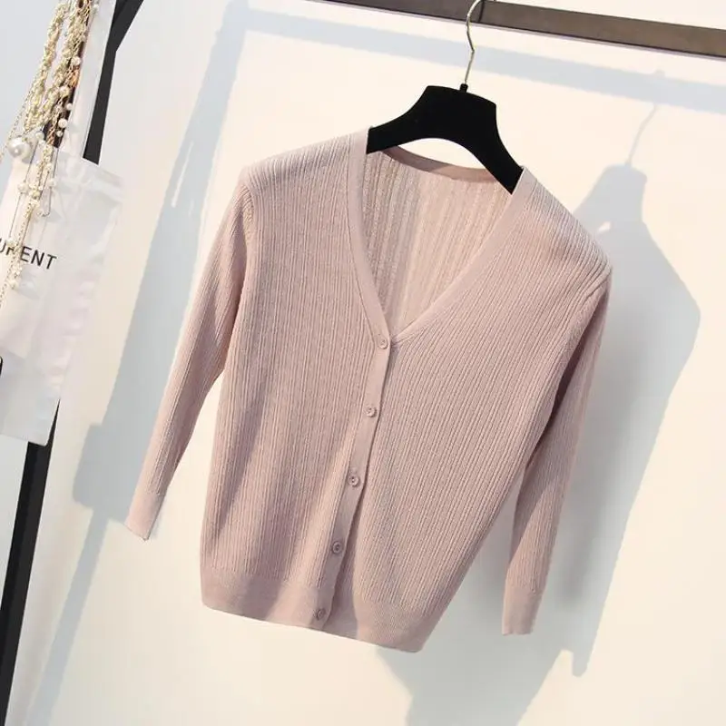 

Thin Cardigans Women 2019 Summer Pink Black White Ice Silk Knitting Coats Female Outwear Casual Knitwear Three Quarter Sleeve