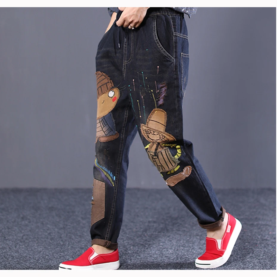 Женские джинсы джинсовые брюки милые повседневные модные длинные большие свободные с вышивкой с героями мультфильмов Лоскутные AZ45222517